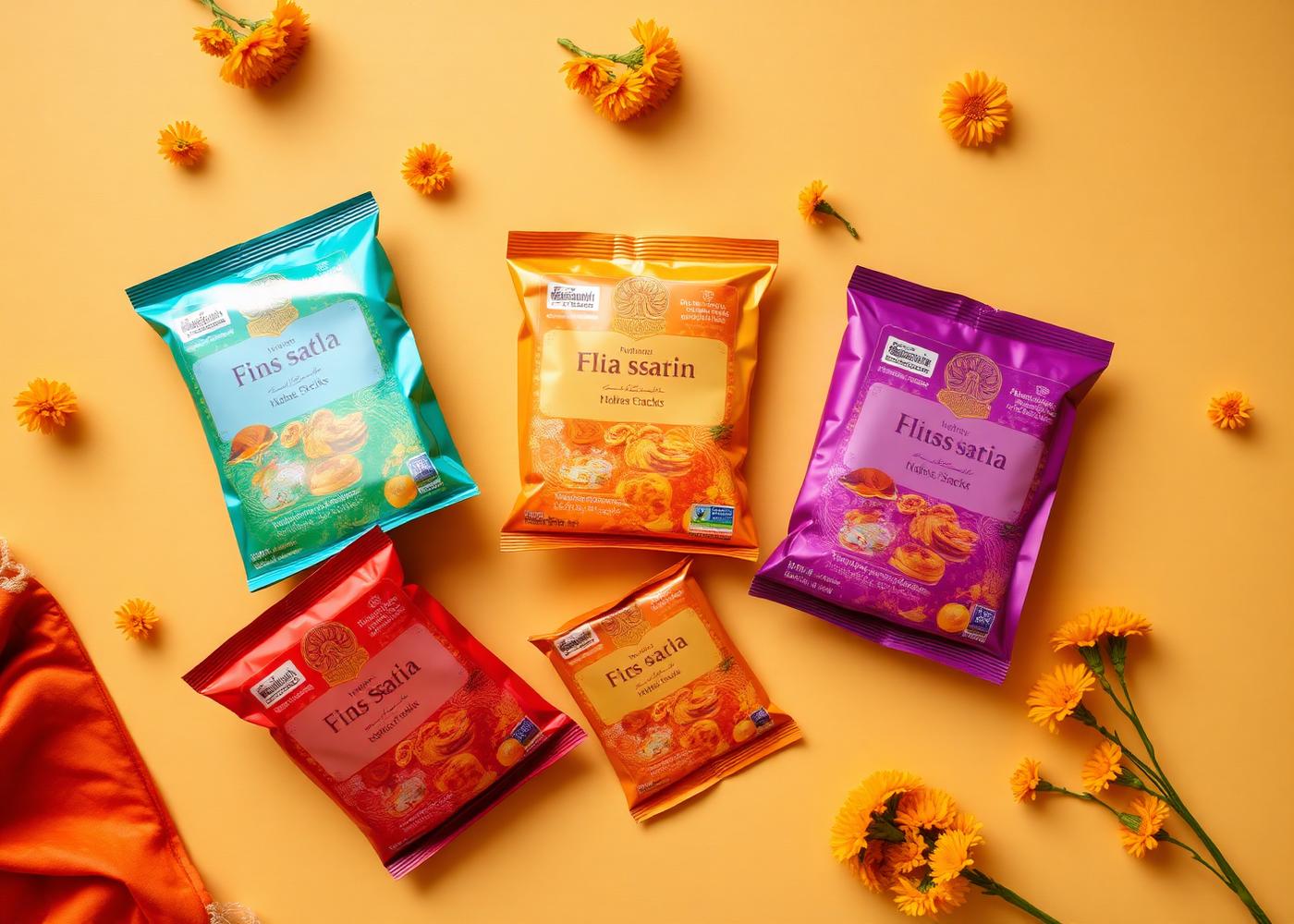 Colourful personalised Indian snack packs arranged with marigold flowers