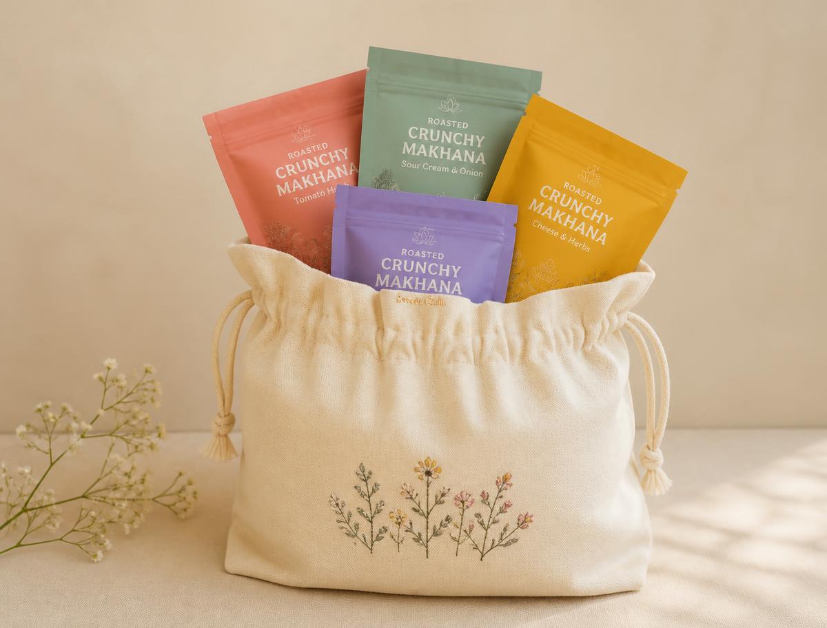 Colourful printed snack pouches tucked inside a cream cotton potli bag